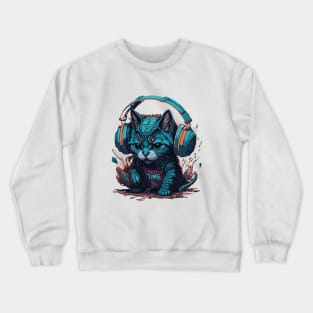 little cat listening to music Crewneck Sweatshirt